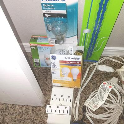 LONG WALL SHELF, LIGHT BULBS, MULTI OUTLETS, DRAIN CLEANER AND MORE