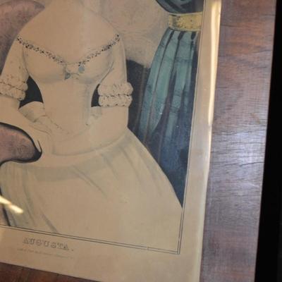 Antique CURRIER Hand-Painted Lithograph â€œAugustaâ€ Original Frame 16.5â€x12.75