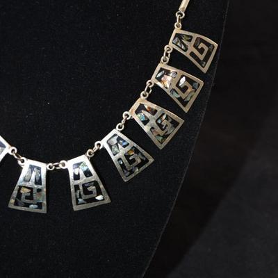 Vintage Sterling Fashion Necklace w/ Onyx & Abalone 16.5â€, 22.2g