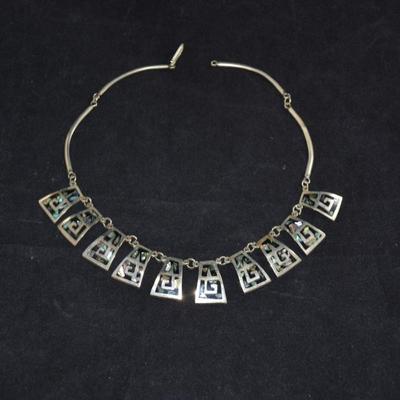 Vintage Sterling Fashion Necklace w/ Onyx & Abalone 16.5â€, 22.2g