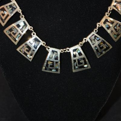 Vintage Sterling Fashion Necklace w/ Onyx & Abalone 16.5â€, 22.2g