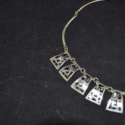 Vintage Sterling Fashion Necklace w/ Onyx & Abalone 16.5â€, 22.2g