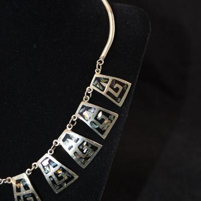 Vintage Sterling Fashion Necklace w/ Onyx & Abalone 16.5â€, 22.2g