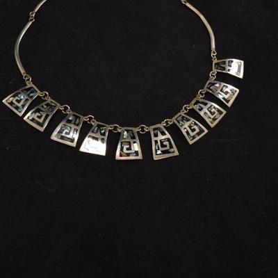 Vintage Sterling Fashion Necklace w/ Onyx & Abalone 16.5â€, 22.2g