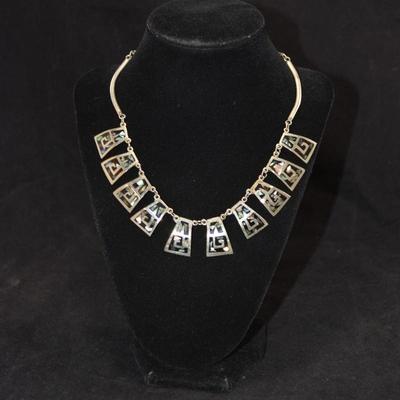 Vintage Sterling Fashion Necklace w/ Onyx & Abalone 16.5â€, 22.2g
