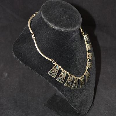Vintage Sterling Fashion Necklace w/ Onyx & Abalone 16.5â€, 22.2g