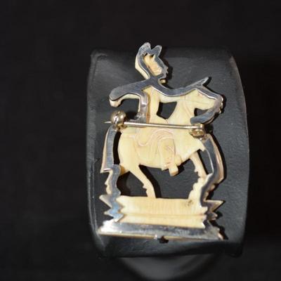 Antique 925 Sterling & Carved Bone Horseman Brooch 6.8g