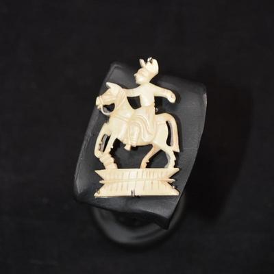 Antique 925 Sterling & Carved Bone Horseman Brooch 6.8g