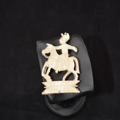 Antique 925 Sterling & Carved Bone Horseman Brooch 6.8g