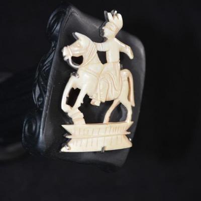 Antique 925 Sterling & Carved Bone Horseman Brooch 6.8g