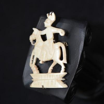 Antique 925 Sterling & Carved Bone Horseman Brooch 6.8g
