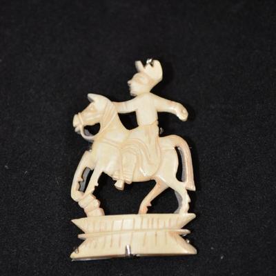 Antique 925 Sterling & Carved Bone Horseman Brooch 6.8g