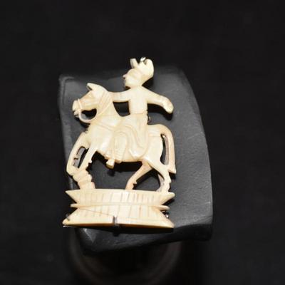 Antique 925 Sterling & Carved Bone Horseman Brooch 6.8g