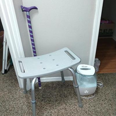 SHOWER CHAIR, WALKING CANE AND A HUMIDIFIER