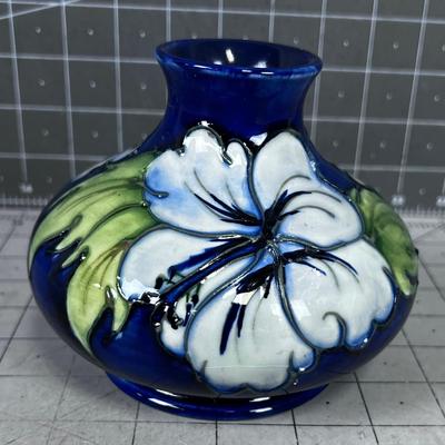 MOORCROFT, Made in England  Navy Blue with Lily like flowers,  Thick Pottery Vase