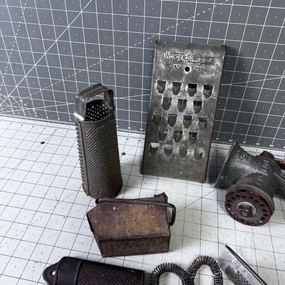 VINTAGE KITCHEN Items: Utensils, Grater, Grinder and GREEN Mystery Items