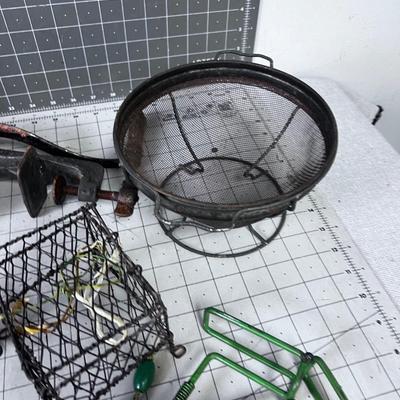 VINTAGE KITCHEN Items: Utensils, Grater, Grinder and GREEN Mystery Items