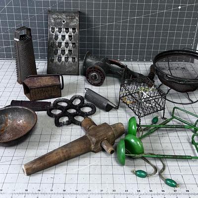 VINTAGE KITCHEN Items: Utensils, Grater, Grinder and GREEN Mystery Items