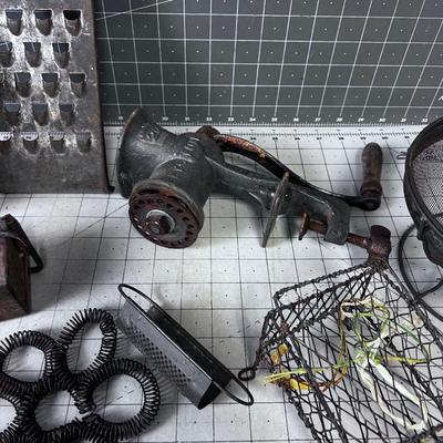 VINTAGE KITCHEN Items: Utensils, Grater, Grinder and GREEN Mystery Items