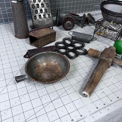 VINTAGE KITCHEN Items: Utensils, Grater, Grinder and GREEN Mystery Items