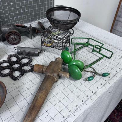 VINTAGE KITCHEN Items: Utensils, Grater, Grinder and GREEN Mystery Items