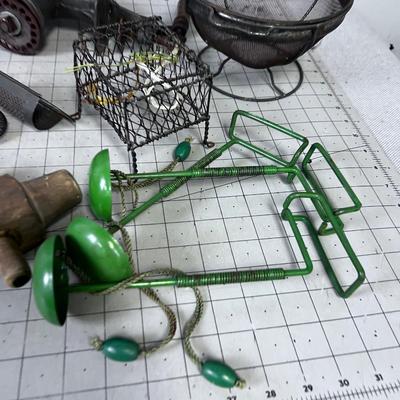 VINTAGE KITCHEN Items: Utensils, Grater, Grinder and GREEN Mystery Items