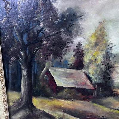 Vintage Oil on Board, Home in the Woods, Signed 1959 