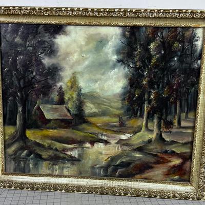 Vintage Oil on Board, Home in the Woods, Signed 1959 