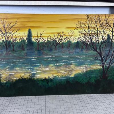 Oil Painting with a Frame, Signed Turnbow, Mist on a Pond in the Woods Painting. 