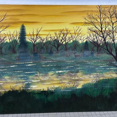 Oil Painting with a Frame, Signed Turnbow, Mist on a Pond in the Woods Painting. 