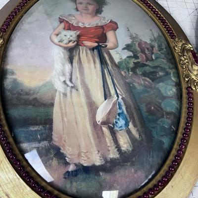 Victorian Oval Frame Bubble Glass Boy & Girl, Puppy and Cat 