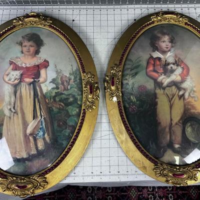 Victorian Oval Frame Bubble Glass Boy & Girl, Puppy and Cat 
