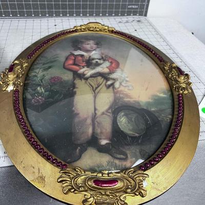 Victorian Oval Frame Bubble Glass Boy & Girl, Puppy and Cat 