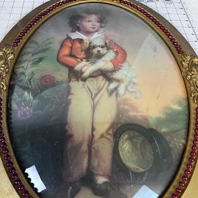 Victorian Oval Frame Bubble Glass Boy & Girl, Puppy and Cat 