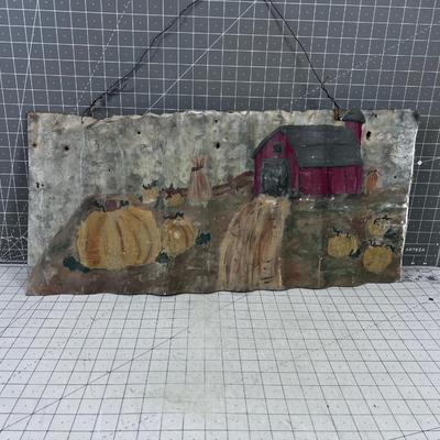 Old Corrugated Tin with Farm SCENE Painted on it