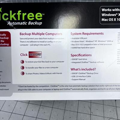 Clickfree Automatic Backup Solution -  500 GB NEW in the Box 