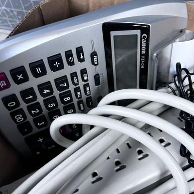 BOX OF OFFICE STUFF: Stapler, Adding Machine & Plug Bar