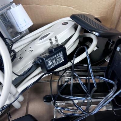 BOX OF OFFICE STUFF: Stapler, Adding Machine & Plug Bar