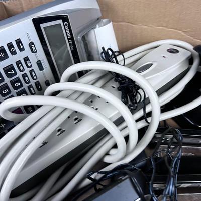 BOX OF OFFICE STUFF: Stapler, Adding Machine & Plug Bar