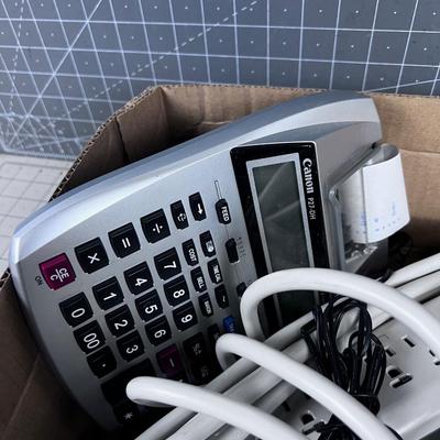 BOX OF OFFICE STUFF: Stapler, Adding Machine & Plug Bar