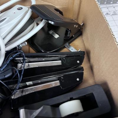 BOX OF OFFICE STUFF: Stapler, Adding Machine & Plug Bar
