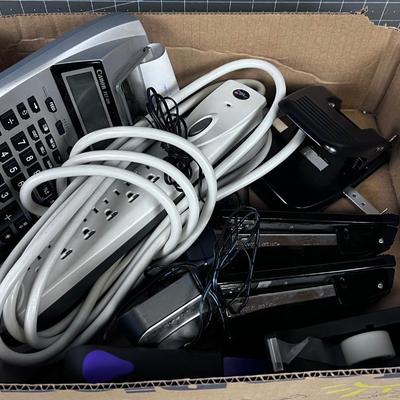 BOX OF OFFICE STUFF: Stapler, Adding Machine & Plug Bar