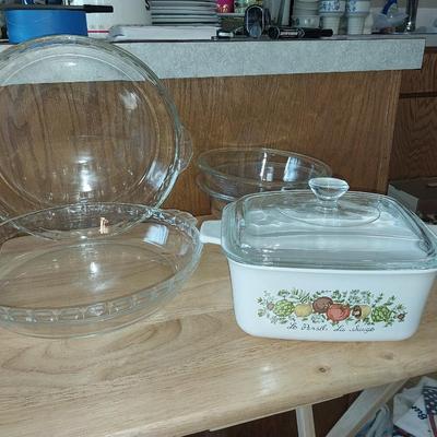 CORNING WARE CASSEROLE DISH, GLASS PIE PANS AND BOWLS