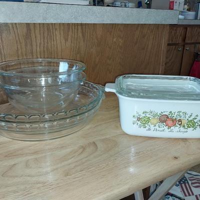 CORNING WARE CASSEROLE DISH, GLASS PIE PANS AND BOWLS