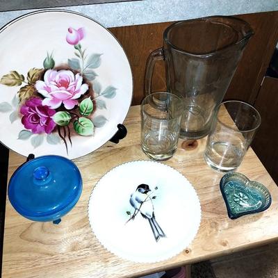GLASS PITCHER, FLORAL PLATTER AND MORE