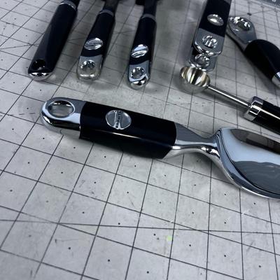 Lot of KITCHEN AID Utensils: Garlic Press, Scrappers, Melon Baller and Ice Cream Scope