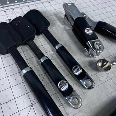 Lot of KITCHEN AID Utensils: Garlic Press, Scrappers, Melon Baller and Ice Cream Scope