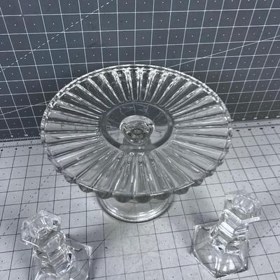 Crystal Cake Plate and 2 Candle Sticks