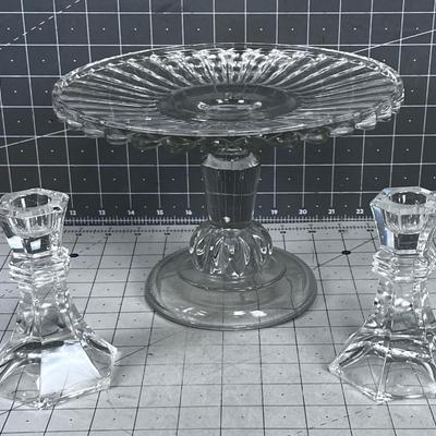 Crystal Cake Plate and 2 Candle Sticks