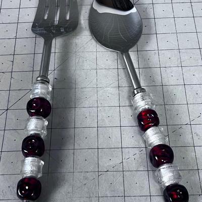 Salad Serving Utensils with Glass Bead Handle 
